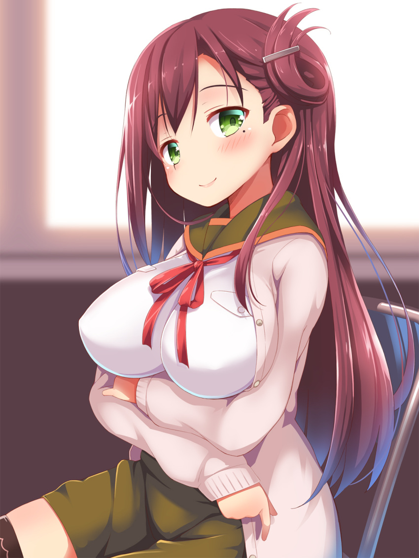 1girl, ba_kuro, black_legwear, blush, breasts, brown_hair, cardigan, chair