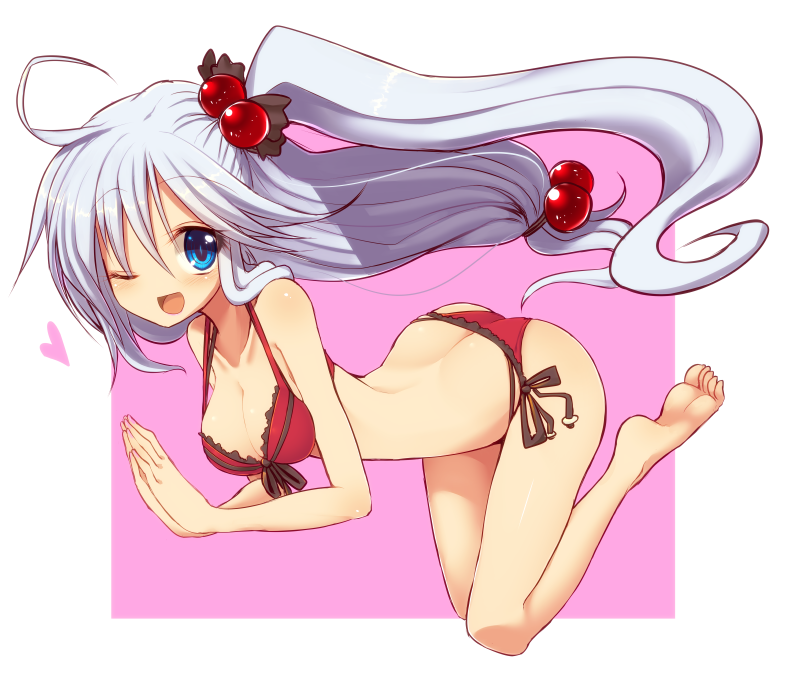 1girl, ;d, ahoge, ass, back, barefoot, bikini, blue_eyes