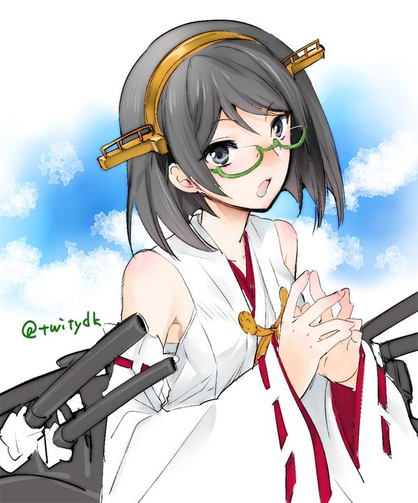 1girl, black_eyes, black_hair, detached_sleeves, glasses, kantai_collection, kirishima_(kantai_collection), looking_at_viewer