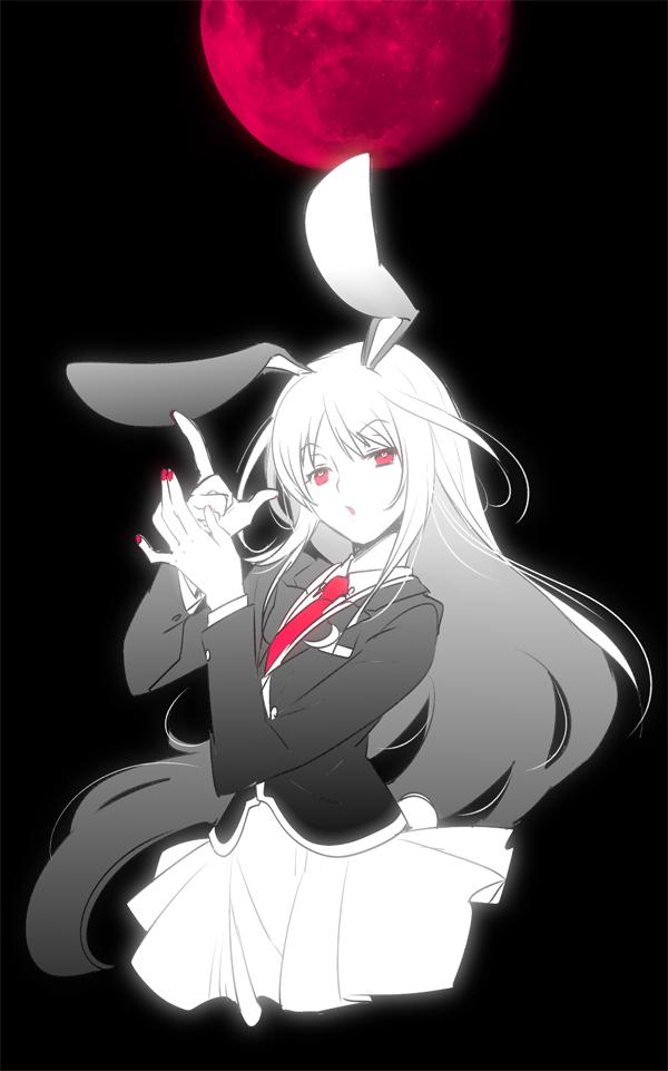 1girl, animal_ears, blazer, finger_gun, looking_at_viewer, moon, nail_polish, necktie