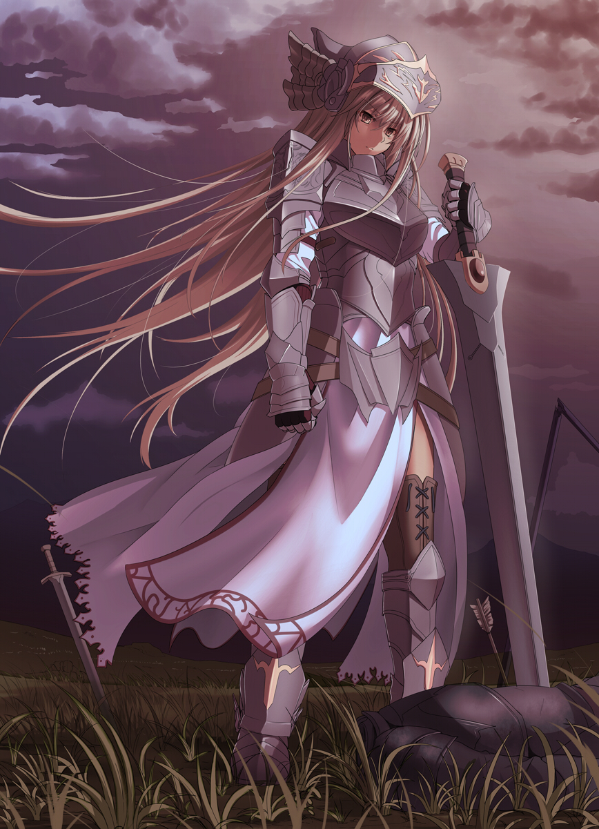 1girl, armor, armored_boots, arrow, breastplate, brown_eyes, brown_hair, clouds, corpse, dress, gauntlets, helmet, highres, hirame_sa, knight, long_hair, looking_down, original, solo, sword, thigh-highs, very_long_hair, weapon, wind