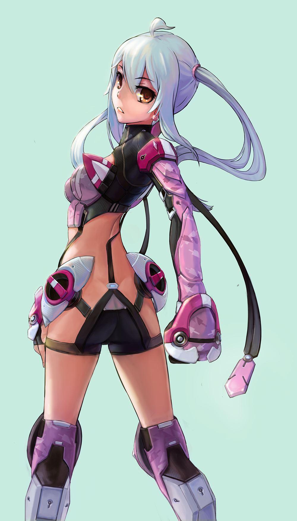 1girl, ahoge, ass, blue_hair, brown_eyes, edea_cluster, highres, huanxiang_(pixiv7442622)