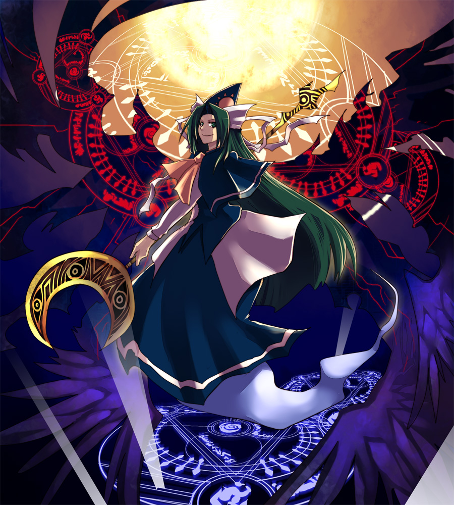 emon-yu, green_hair, hat, long_hair, magic_circle, maho_(boku_no_kao_wo_otabeyo), mima, solo