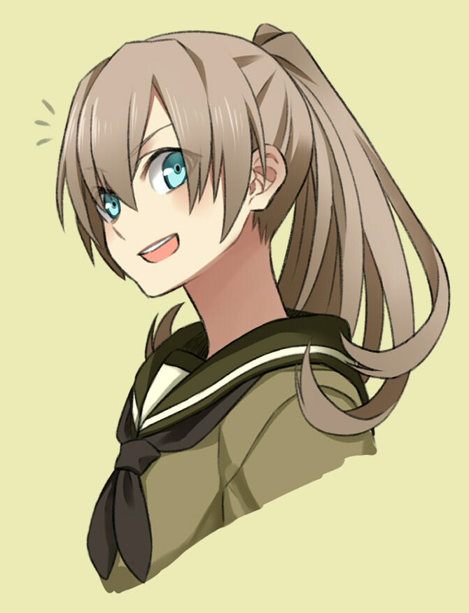 1girl, blue_eyes, brown_hair, cosplay, kantai_collection, kitakami_(kantai_collection)_(cosplay), kumano_(kantai_collection), long_hair, open_mouth, ponytail, school_uniform, serafuku, smile, sora_yoshitake_yuda