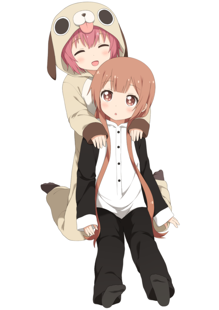 2girls, :d, ^_^, age_difference, akaza_akari, animal_costume, brown_eyes, brown_hair