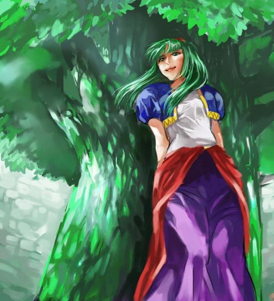 1girl, dress, legaia_densetsu, long_hair, smile, solo, tree, wakewaka_ran