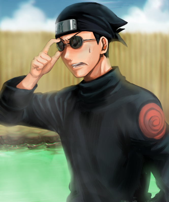 1boy, bandana, black_hair, blush, cellnpa, ebisu_(naruto), naruto, open_mouth, solo, sunglasses, water