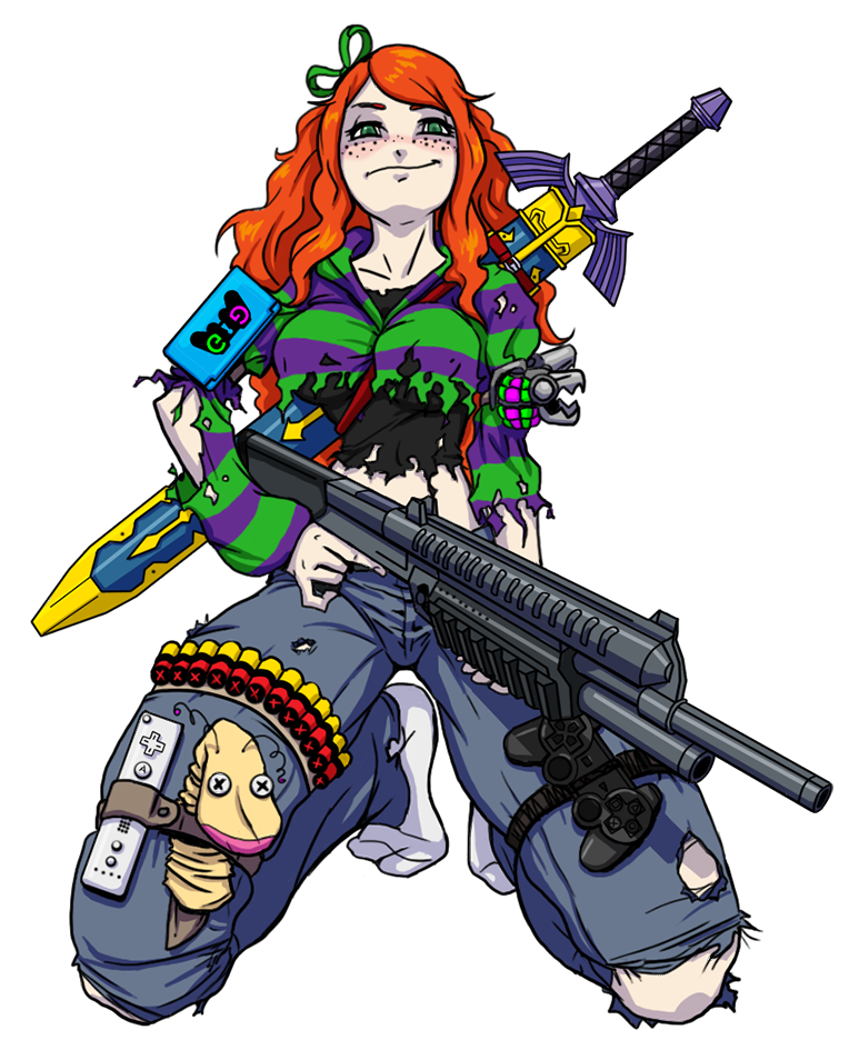 1girl, 4chan, bandolier, breasts, cameo, commentary, controller, denim