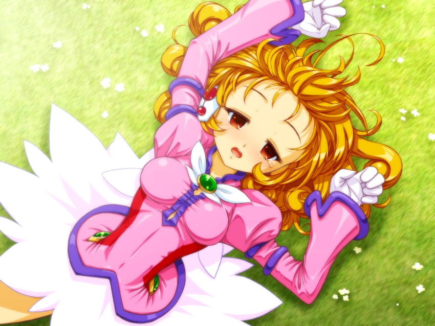 1girl, arms_up, breasts, brooch, brown_eyes, brown_hair, corrector_yui, curly_hair