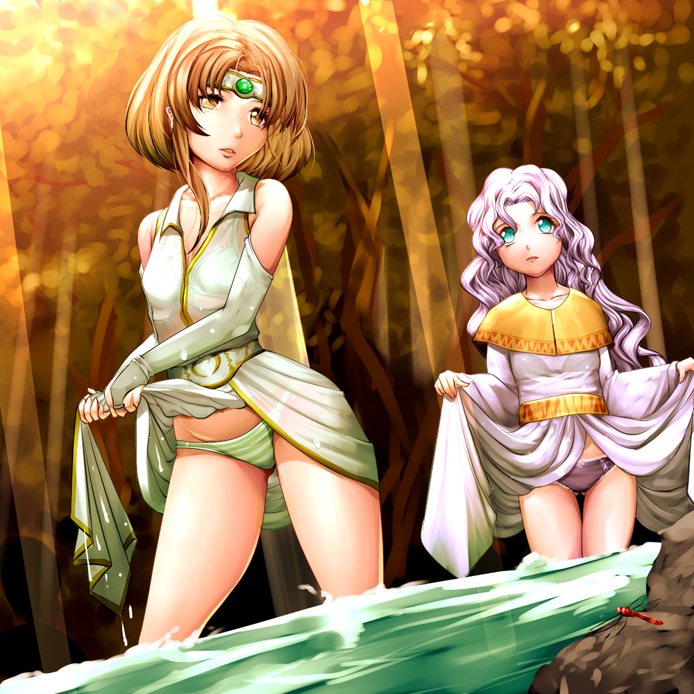 2girls, aqua_eyes, bow, bow_panties, brown_hair, bug, circlet, dragonfly