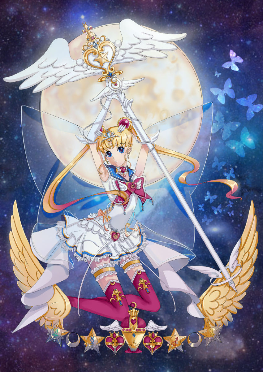 1girl, absurdres, adapted_costume, arms_up, bishoujo_senshi_sailor_moon, blonde_hair, blue_eyes, boots, bow, brooch, butterfly, choker, crescent, crescent_earrings, double_bun, earrings, elbow_gloves, embellished_costume, expressionless, facial_mark, forehead_mark, frills, full_moon, gem, gloves, gradient_hair, hair_ornament, hairpin, highres, jewelry, jupiter_symbol, kneeling, kura_(kurapicaking), leg_garter, long_hair, looking_at_viewer, magical_girl, mars_symbol, mercury_symbol, moon, multicolored_hair, pleated_skirt, red_boots, red_bow, redhead, sailor_collar, sailor_moon, see-through, seihai_(sailor_moon), skirt, solo, staff, super_sailor_moon, thigh-highs, thigh_boots, tsukino_usagi, twintails, venus_symbol, white_gloves, white_skirt, wings, yellow_bow