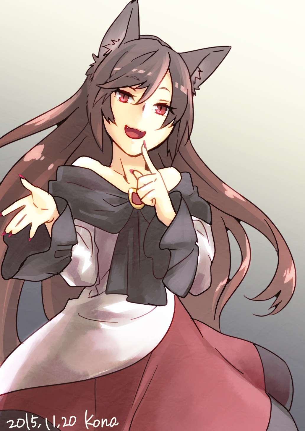 1girl, animal_ears, artist_name, bare_shoulders, blush, brooch, brown_hair, dated