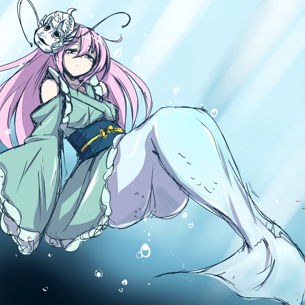 1girl, bangs, bubble, cosplay, detached_sleeves, expressionless, fish_tail, frilled_kimono