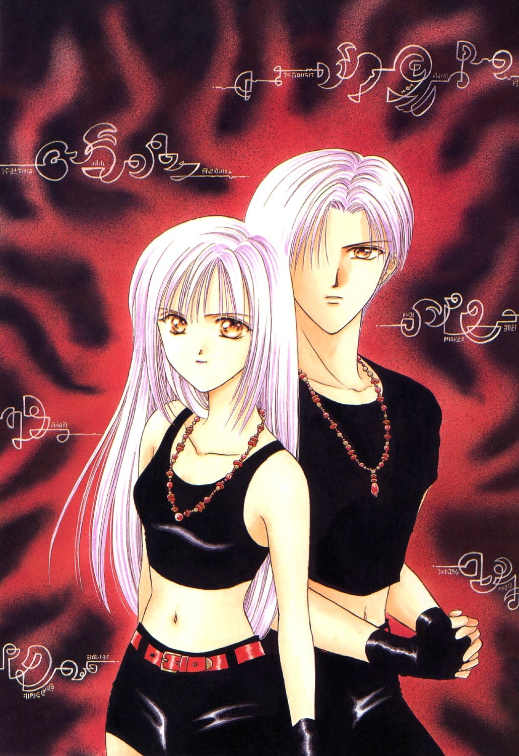 ayashi_no_ceres, fingerless_gloves, midriff, mikage_aki, mikage_aya, necklace, purple_hair, siblings