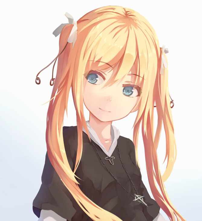 1girl, black_shirt, blonde_hair, blue_eyes, collarbone, cross, cross_necklace, eyelashes, hair_between_eyes, hair_ribbon, light_smile, long_hair, looking_to_the_side, original, ribbon, shirt, short_sleeves, simple_background, solo, tsuki_(190327588), twintails, upper_body, white_background, white_ribbon