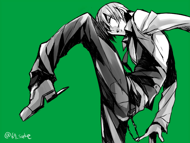 1boy, blazblue, closed_eyes, concealed_weapon, green_background, hazama, heel_blade, kaneaki_mukku