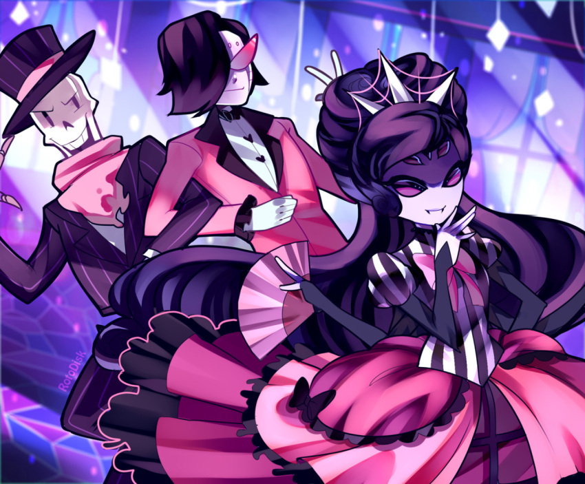1girl, 2boys, alternate_costume, alternate_hair_length, alternate_hairstyle, black_hair, dress, extra_eyes