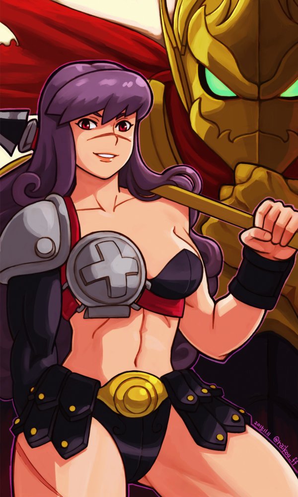 1girl, 2015, armor, bikini_armor, breasts, cleavage, collarbone, cowboy_shot, dated, grin, indivisible, lips, long_hair, looking_at_viewer, muscle, naga_rider, navel, nose_scar, over_shoulder, phoebe_(indivisible), purple_hair, raikou_(ff), red_eyes, scar, shoulder_pads, smile, twitter_username, weapon, weapon_over_shoulder