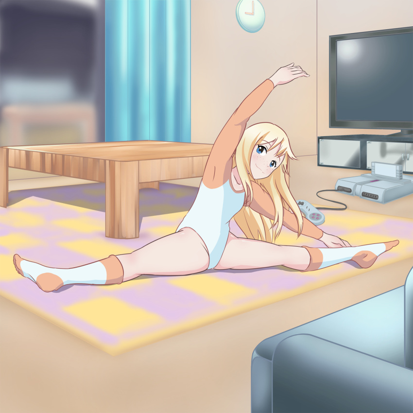 1girl, analog_clock, arm_up, bangs, blonde_hair, blue_eyes, blurry, clock, controller, couch, curtains, depth_of_field, exercise, flexible, freckles, full_body, game_console, game_controller, gamepad, highres, indoors, leotard, long_hair, long_sleeves, looking_at_viewer, no_shoes, on_floor, original, outstretched_arms, raglan_sleeves, rug, sig_(sfried), smile, socks, solo, split, spread_legs, stretch, table, television