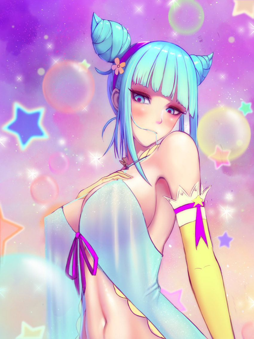 1girl, aqua_eyes, aqua_hair, artist_name, babydoll, bangs, biting_hair, blue_hair