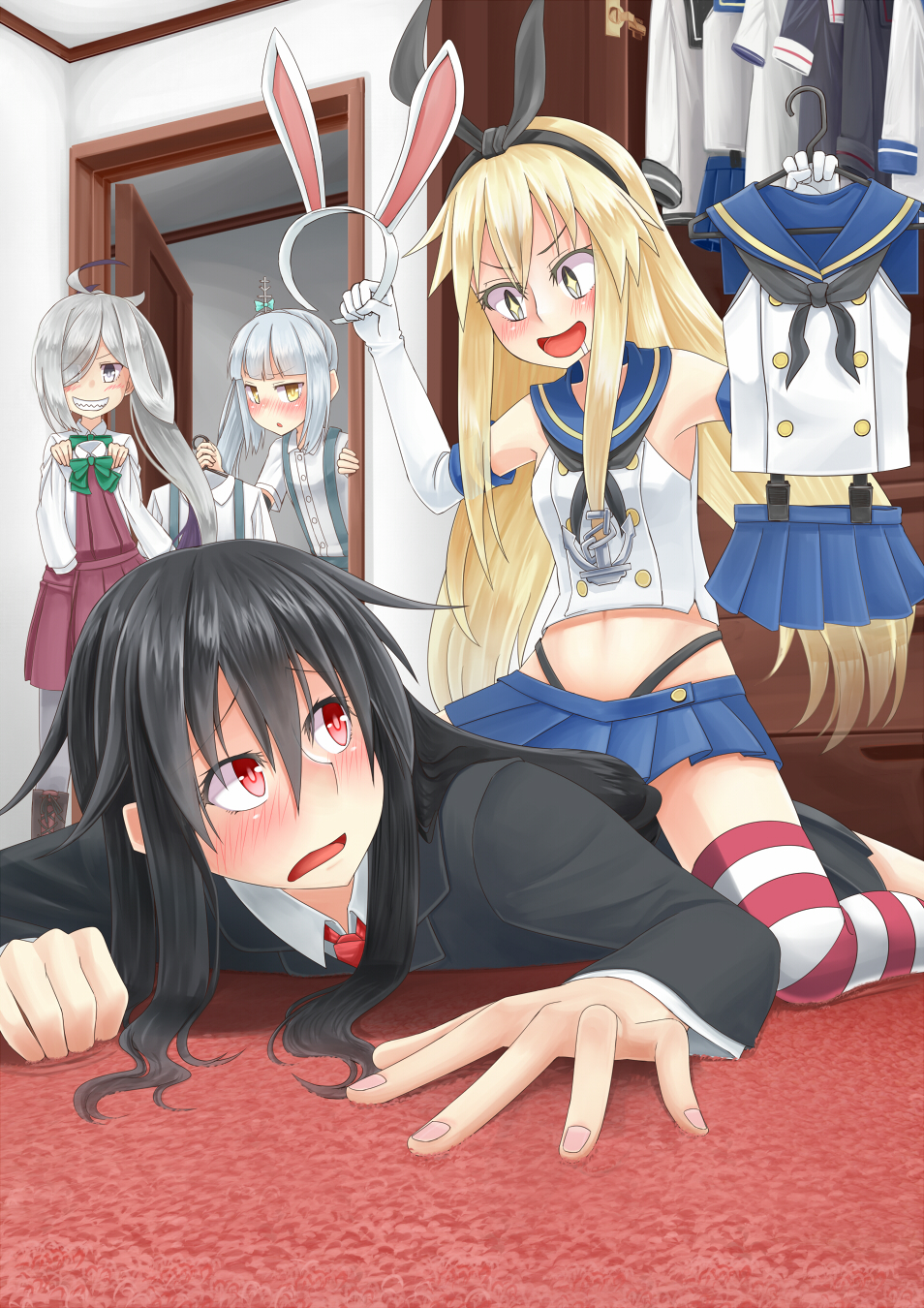 +_+, 4girls, animal_hood, asashimo_(kantai_collection), black_hair, blonde_hair, blush, bunny_hood