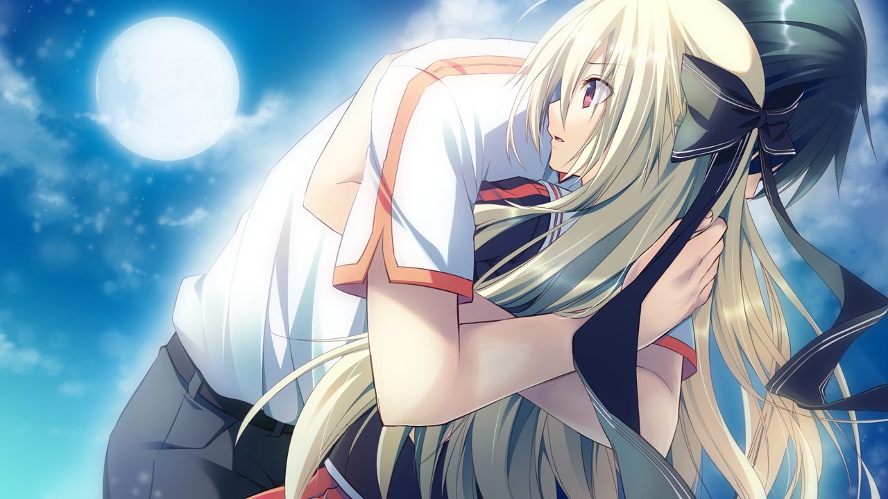 1boy, 1girl, aka-san_to_kyuuketsuki, alexandra_ann-christine_axelina, black_ribbon, blonde_hair, game_cg, hair_ribbon, hug, kuwashima_rein, long_hair, moon, outdoors, red_eyes, ribbon, saitou_yuusuke