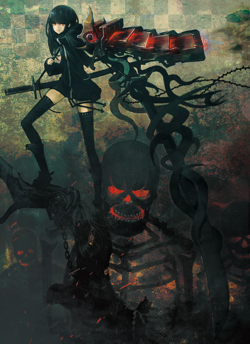 amidamaru, black_legwear, black_thighhighs, dark, great_black_sword, highres, hoodie, huke
