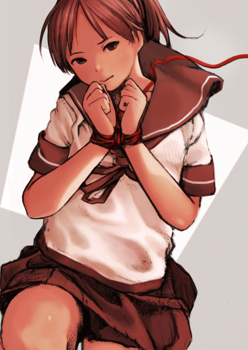 1girl, absurdres, bound, bound_wrists, brown_hair, do_(artist), highres, kantai_collection, looking_at_viewer, ponytail, ribbon, school_uniform, serafuku, shikinami_(kantai_collection), short_hair, skirt, solo