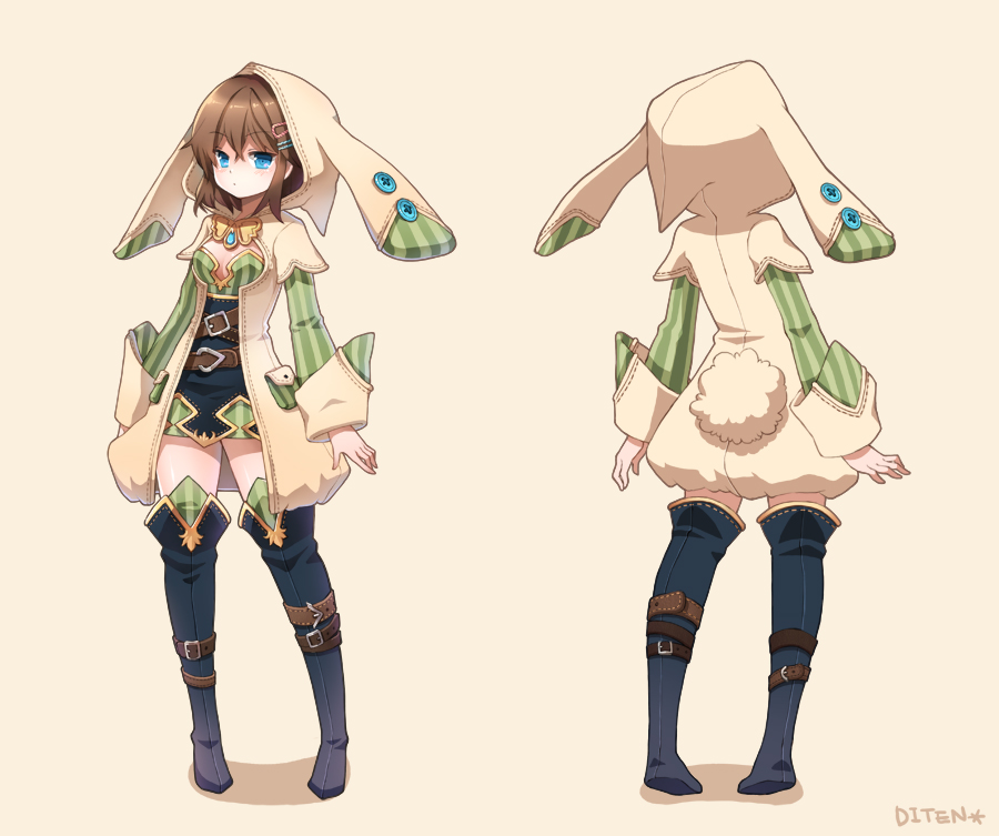 1girl, animal_hood, blue_eyes, brown_hair, bunny_tail, diten, hood, original, short_hair, simple_background, solo, tail, turnaround