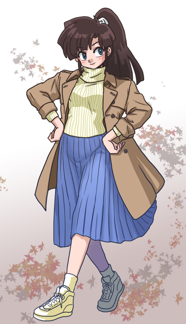 1girl, coat, kuonji_ukyou, leaf, long_skirt, maple_leaf, ponytail, ranma_1/2