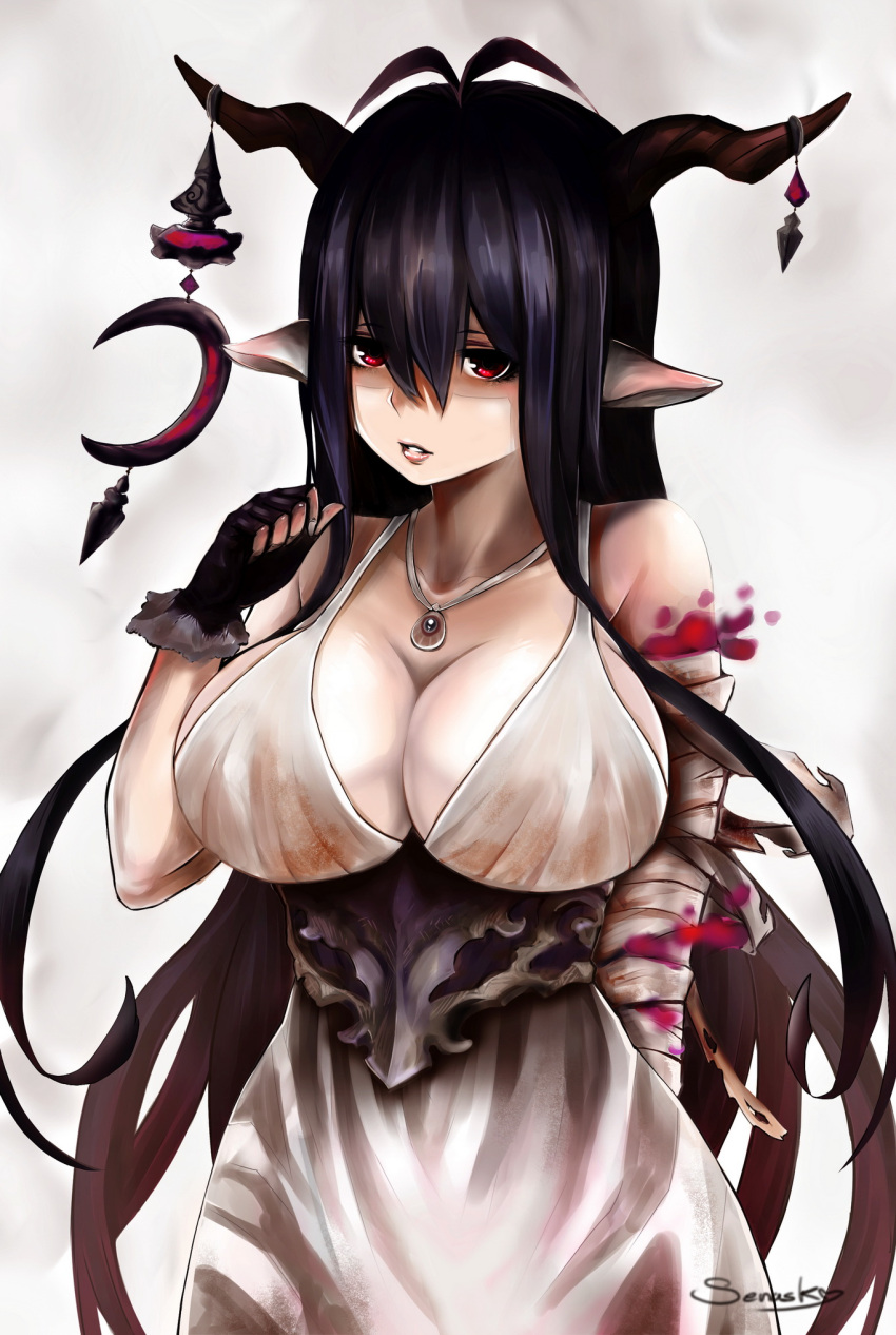 1girl, antenna_hair, bandaged_arm, bandages, black_gloves, black_hair, breasts, cleavage