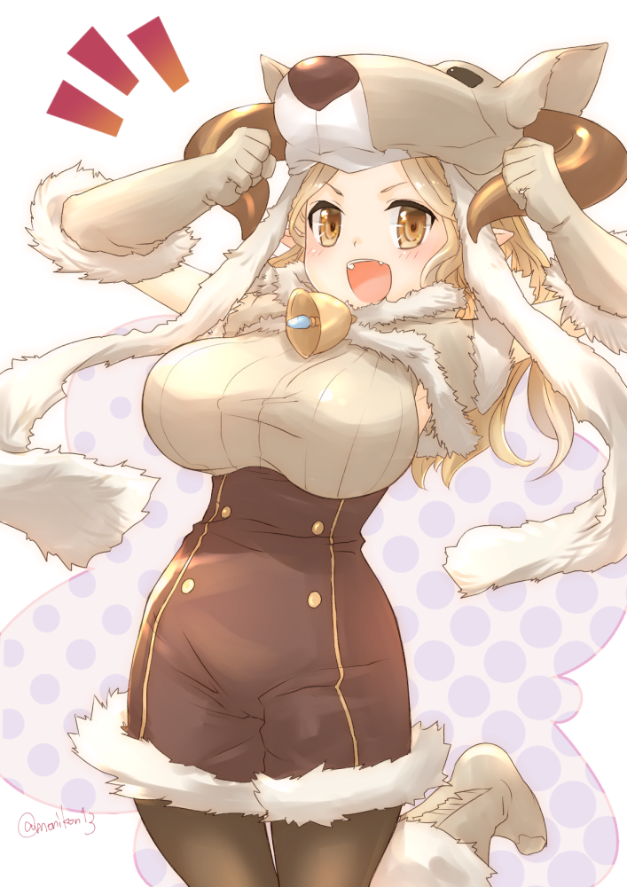 >:d, /\/\/\, 1girl, :d, animal_hat, bell, black_legwear, blush, boots, breasts, buttons, daetta_(granblue_fantasy), doraf, fang, fur_trim, gloves, granblue_fantasy, hat, horns, large_breasts, light_brown_eyes, light_brown_hair, long_hair, monikon13, open_mouth, pantyhose, pointy_ears, smile, solo, twitter_username, unitard