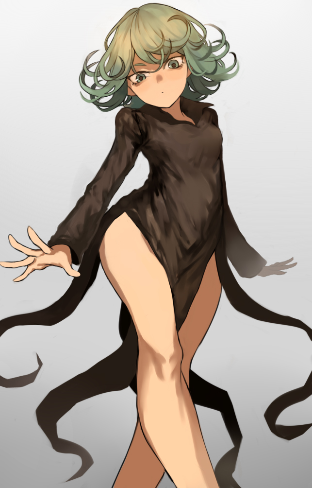 1girl, :o, black_dress, curly_hair, dress, green_eyes, green_hair, legs