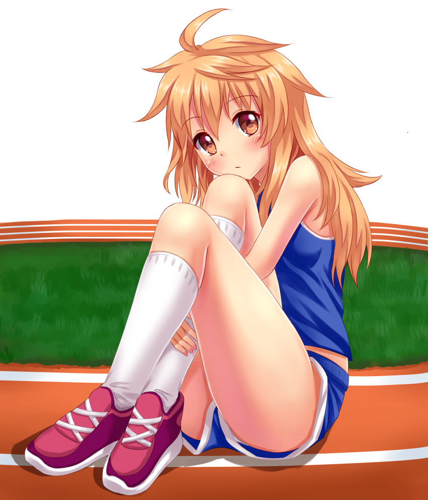 1girl, ahoge, blonde_hair, blush, brown_eyes, fast-runner-2024, full_body, grass