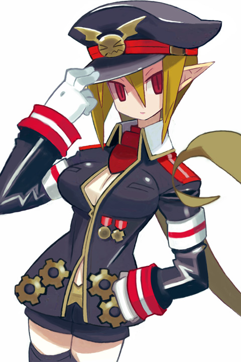 1girl, adjusting_clothes, adjusting_hat, armband, blonde_hair, cowboy_shot, disgaea, expressionless
