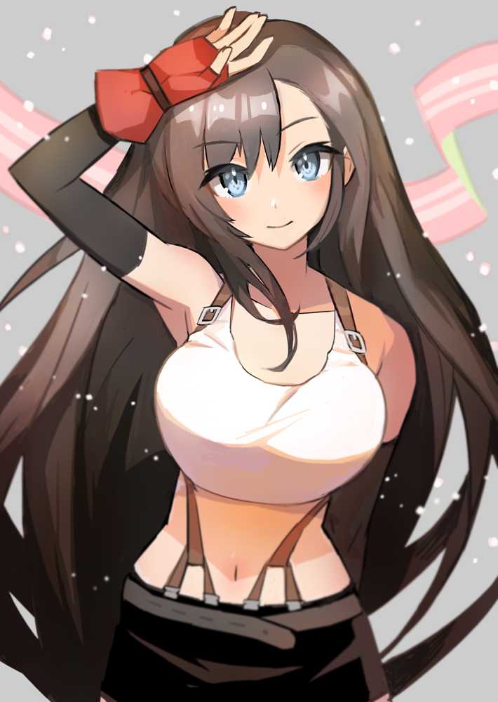 1girl, bare_shoulders, black_hair, blue_eyes, breasts, commentary_request, cowboy_shot, elbow_gloves