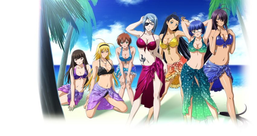 6+girls, ahoge, armpits, beach, bikini, black_bikini, black_hair, blonde_hair