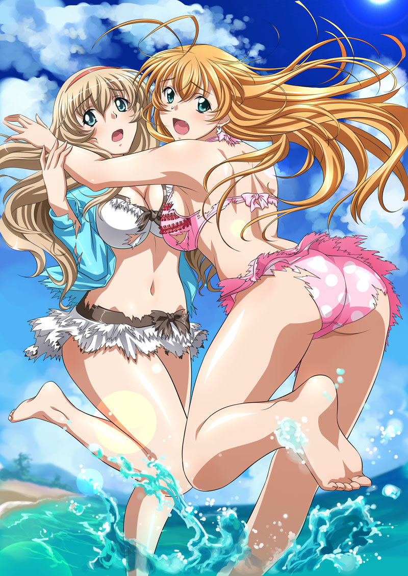 2girls, ass, back, barefoot, bikini, blonde_hair, blush, bra
