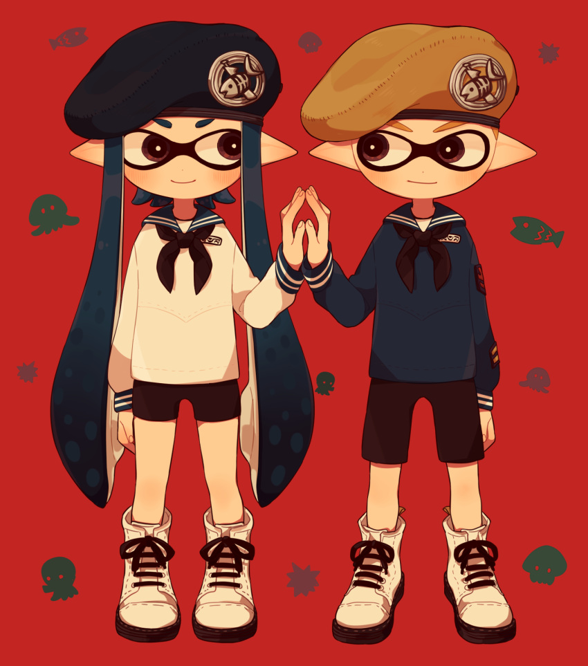 1boy, 1girl, beret, bike_shorts, domino_mask, hat, highres, inkling