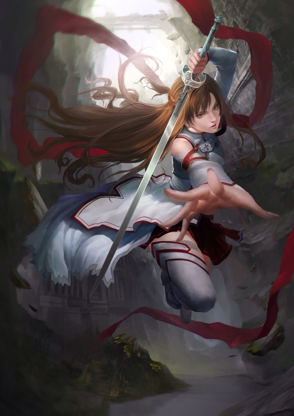 1girl, asuna_(sao), attack, brown_eyes, brown_hair, dress, elbow_gloves, fantasy