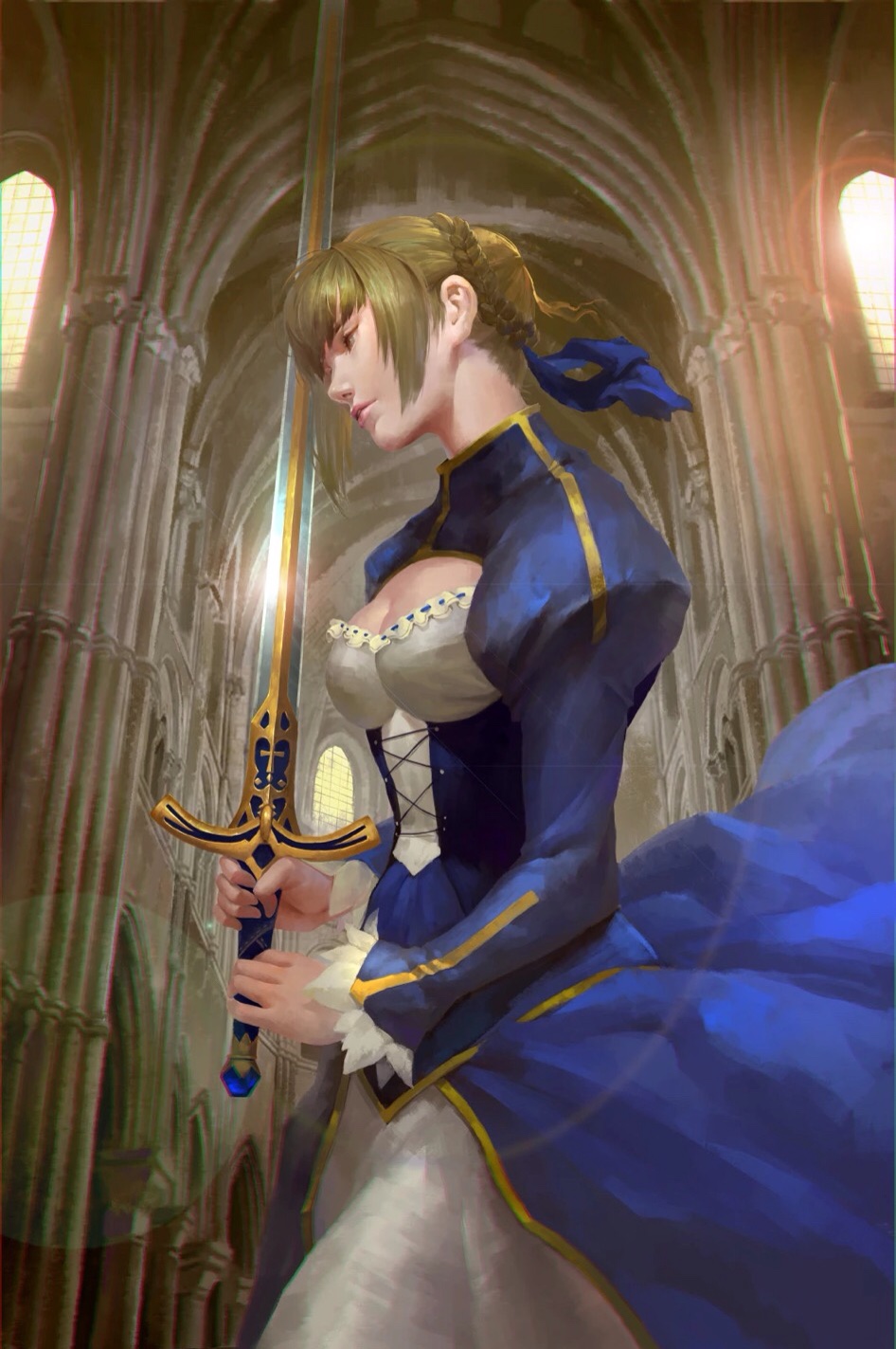 1girl, ahoge, arch, blonde_hair, breasts, chromatic_aberration, cleavage, closed_eyes, column, dress, excalibur, fate_(series), green_eyes, highres, indoors, lens_flare, lips, long_hair, long_sleeves, pillar, profile, realistic, saber, skirt, solo, sword, upper_body, weapon, wxwfreedom