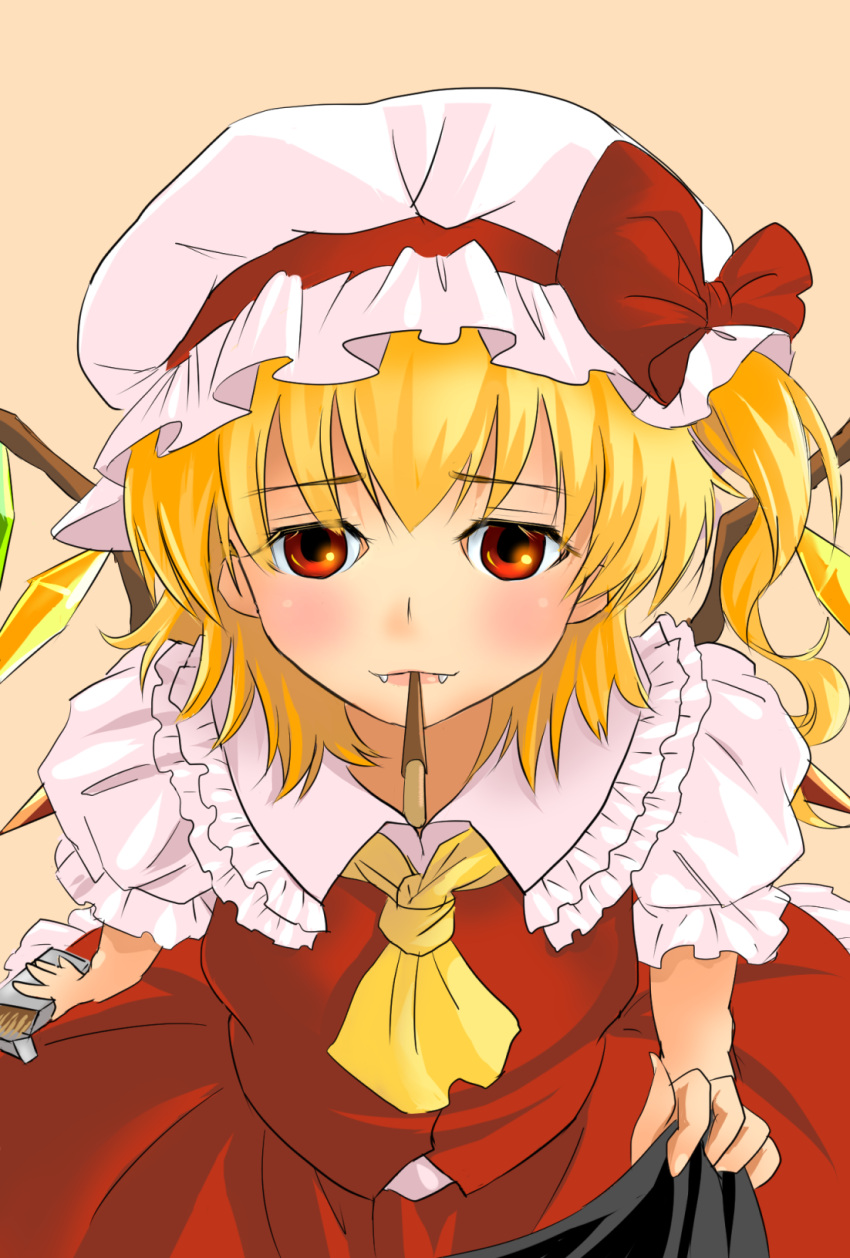1girl, ascot, blonde_hair, blush, fangs, flandre_scarlet, hat, highres
