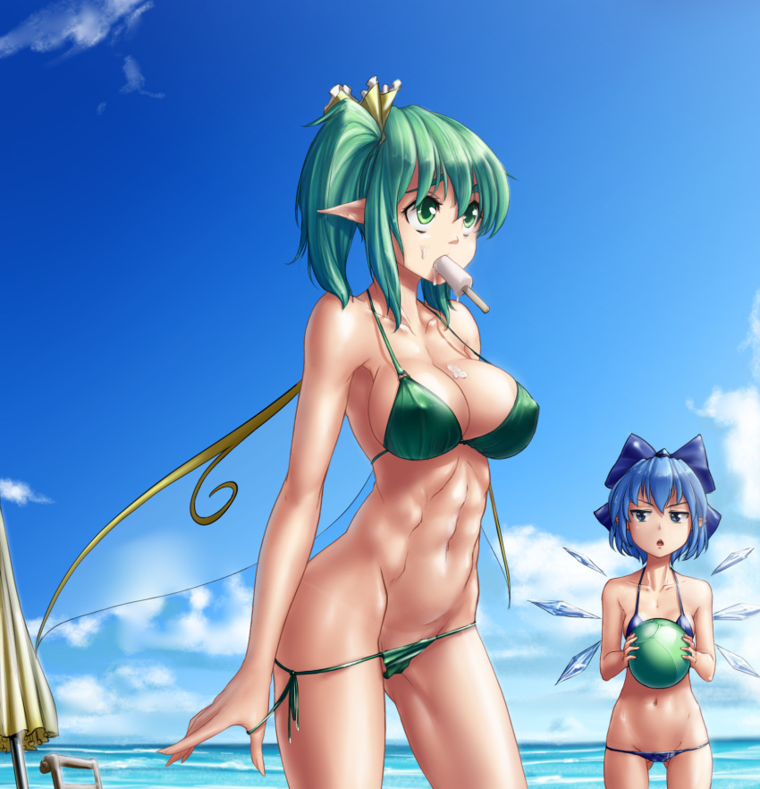 2girls, abs, ass_visible_through_thighs, ball, bangs, beach, beachball, bikini