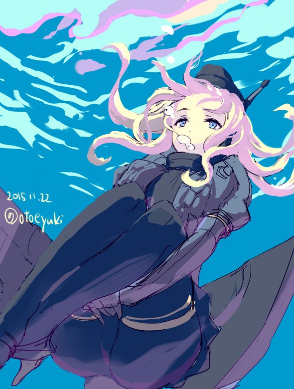 1girl, black_legwear, blonde_hair, blue_eyes, bubble, cropped_jacket, dated, garrison_cap