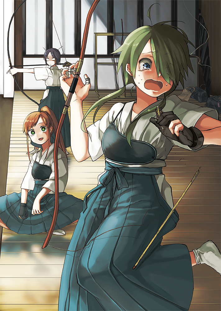 3girls, archery_dojo, arrow, back, bag, bandages, bangs, black_hair
