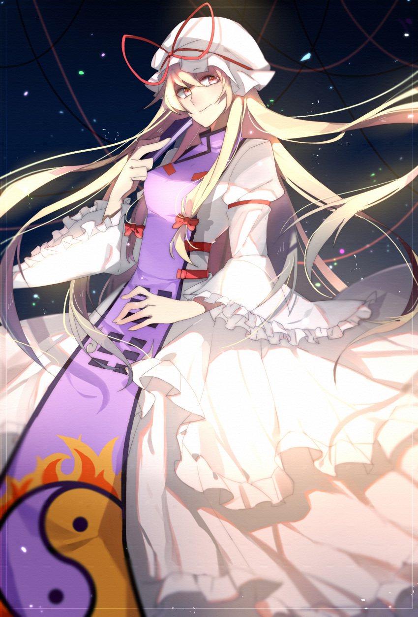 1girl, absurdres, aooni, blonde_hair, bow, dress, fan, hair_bow, hair_ornament, hat, hat_ribbon, highres, long_hair, long_sleeves, looking_at_viewer, mob_cap, puffy_sleeves, red_eyes, ribbon, smile, solo, tabard, touhou, turtleneck, white_dress, wide_sleeves, yakumo_yukari