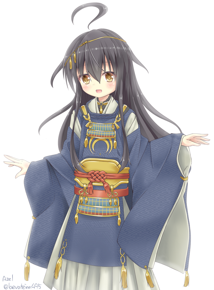 1girl, ahoge, black_hair, brown_eyes, cosplay, fujii_tatsuya, japanese_clothes, kantai_collection
