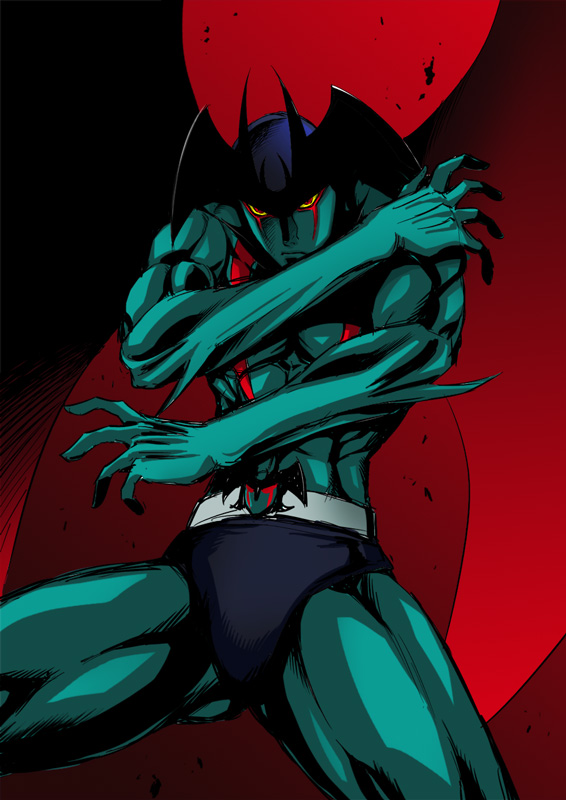 1boy, abs, antennae, aqua_skin, bat_wings, body_markings, demon, devilman