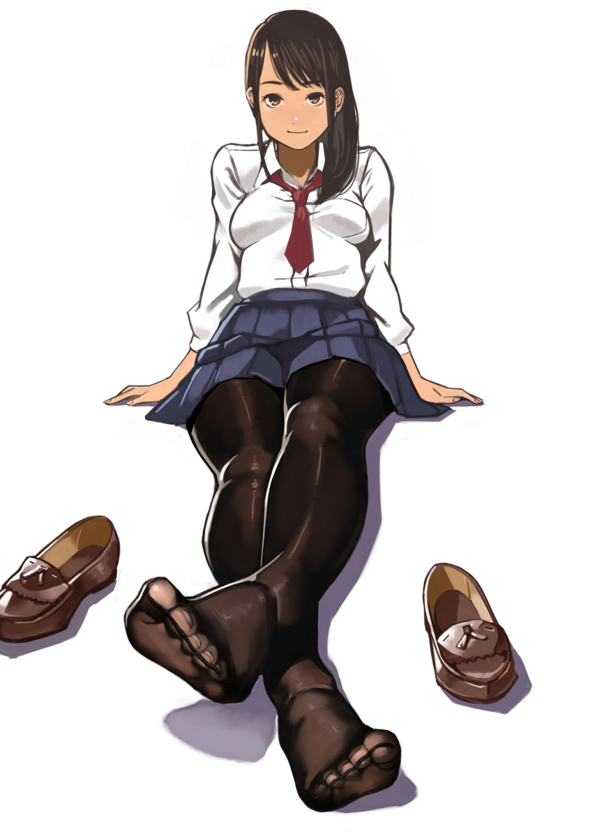 1girl, absurdres, black_legwear, brown_eyes, brown_hair, commentary_request, feet, highres
