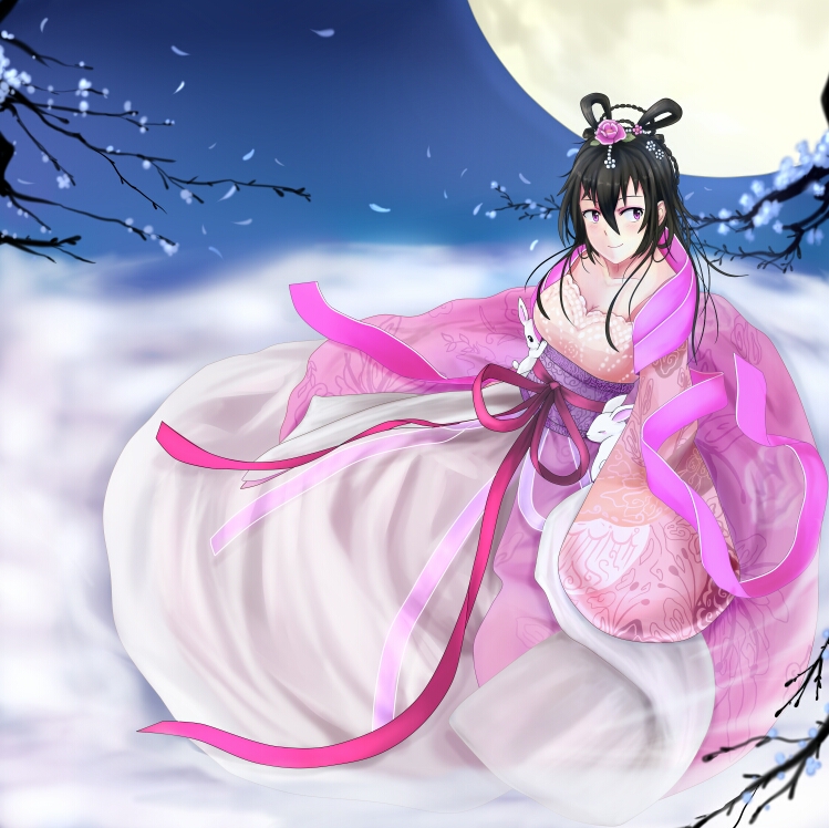 1girl, beifeng_han, black_hair, chang'e, dress, flower, flower_request, full_moon